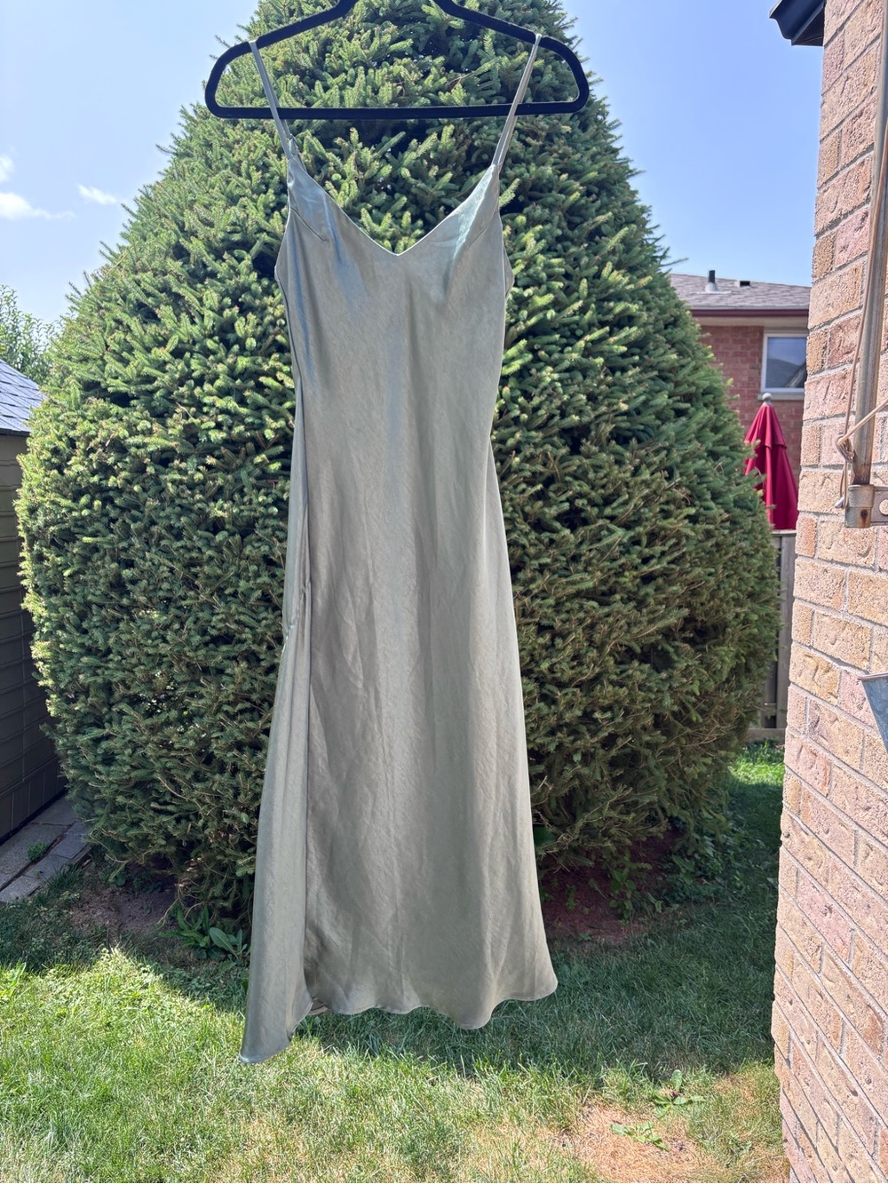Satin Slip Dress in Sage Green Oak and Fort